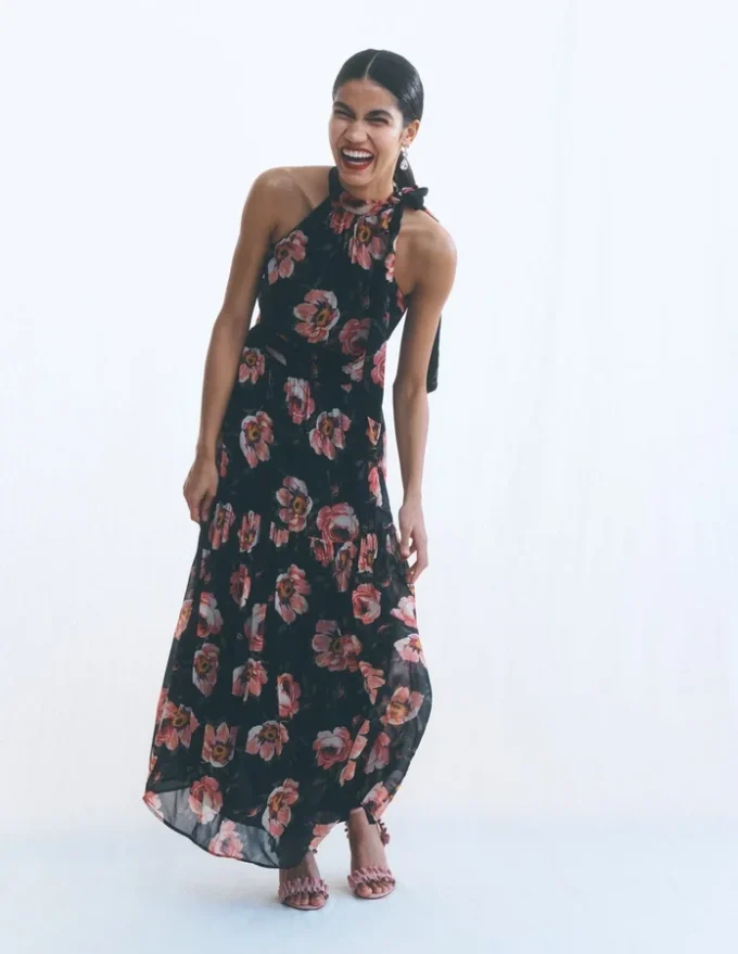 Roisin Tie Neck Maxi Dress Black Whimsical Roses Roisin Tie Neck Maxi Dress Black Whimsical Roses