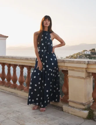 Roisin Tie Neck Maxi Dress Navy Painted Dot Spaced