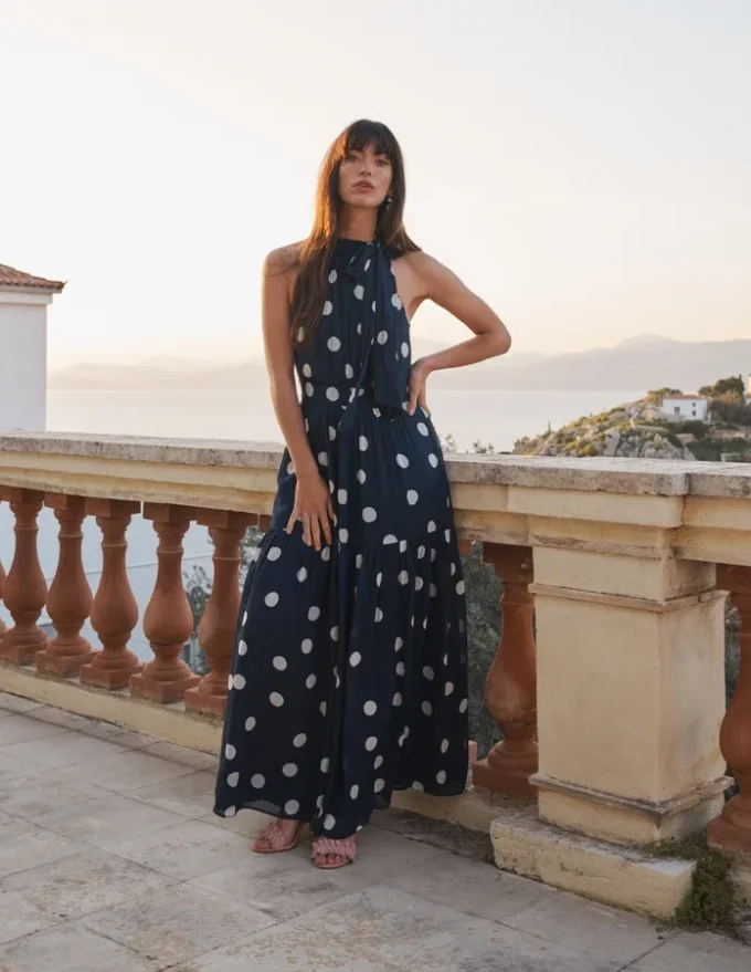Roisin Tie Neck Maxi Dress Navy Painted Dot Spaced Roisin Tie Neck Maxi Dress Navy Painted Dot Spaced
