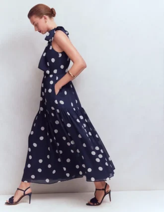 Roisin Tie Neck Maxi Dress Navy Painted Dot Spaced