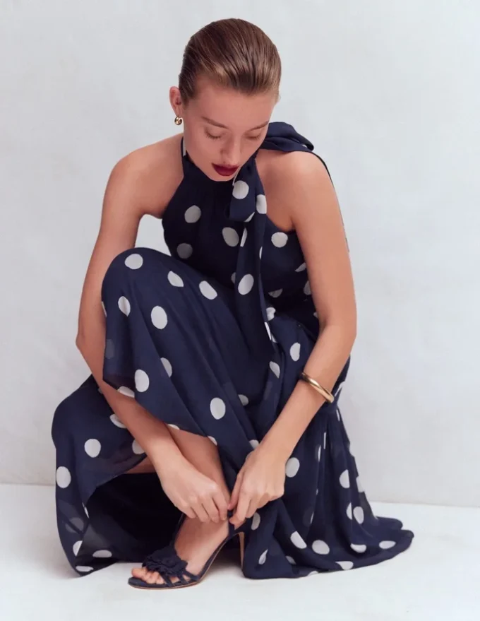 Roisin Tie Neck Maxi Dress Navy Painted Dot Spaced Roisin Tie Neck Maxi Dress Navy Painted Dot Spaced