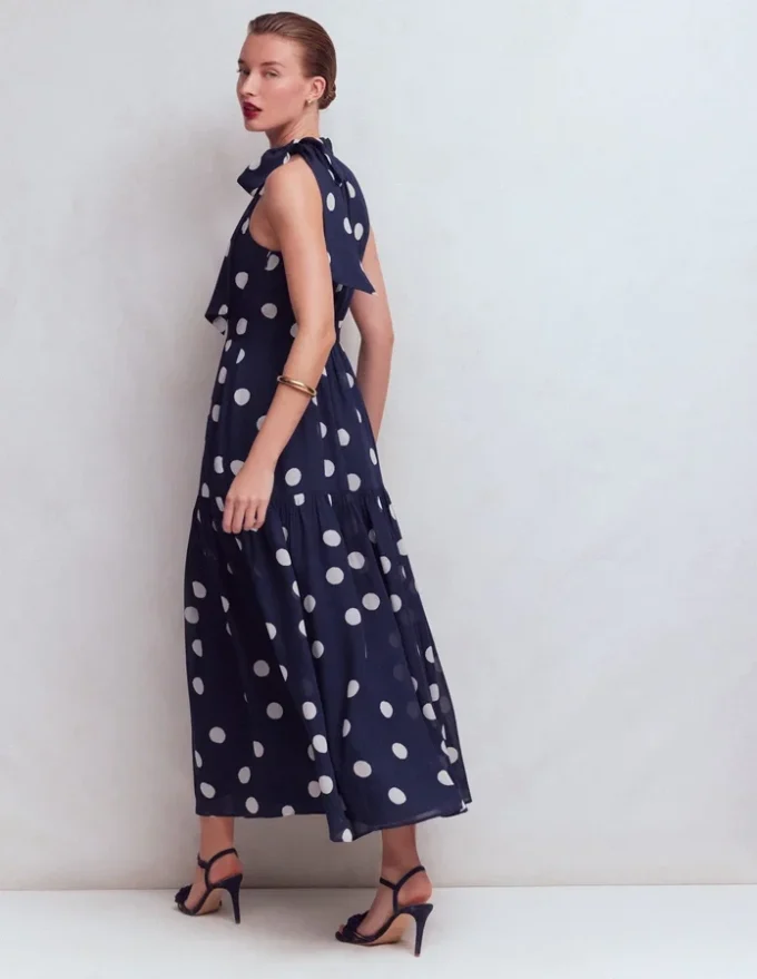 Roisin Tie Neck Maxi Dress Navy Painted Dot Spaced Roisin Tie Neck Maxi Dress Navy Painted Dot Spaced