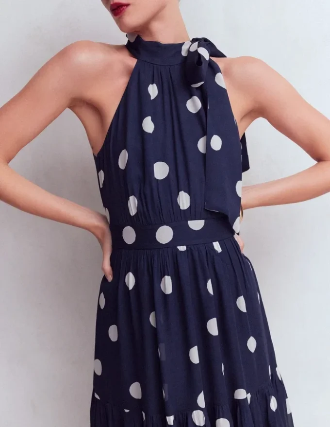 Roisin Tie Neck Maxi Dress Navy Painted Dot Spaced Roisin Tie Neck Maxi Dress Navy Painted Dot Spaced