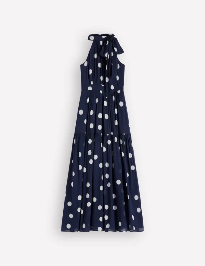 Roisin Tie Neck Maxi Dress Navy Painted Dot Spaced Roisin Tie Neck Maxi Dress Navy Painted Dot Spaced