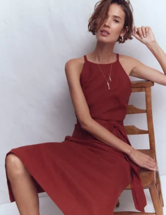 Rosa Halter Linen Midi Dress Burnt Orange