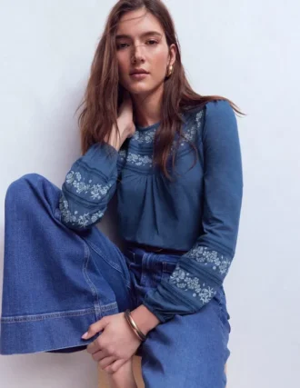 Rosie Embroidered Jersey Top Denim Blue