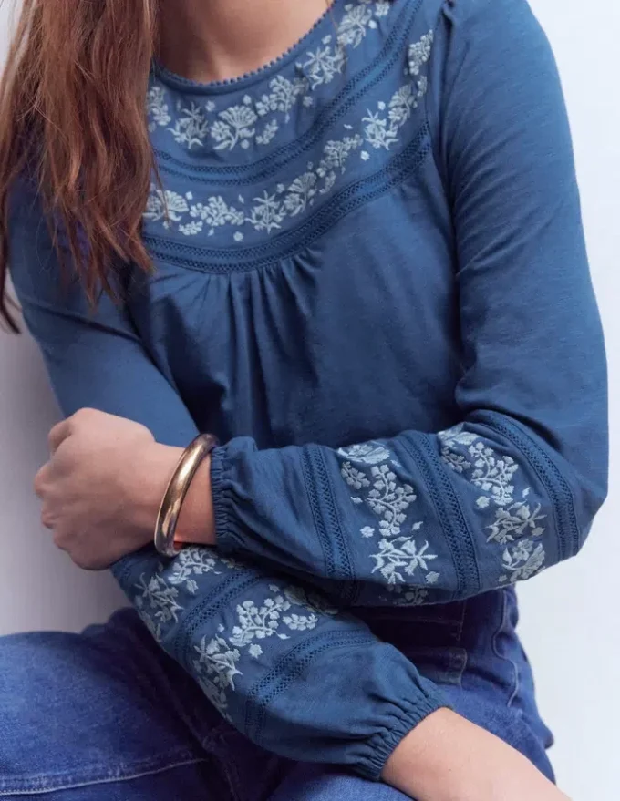 Rosie Embroidered Jersey Top Denim Blue Rosie Embroidered Jersey Top Denim Blue