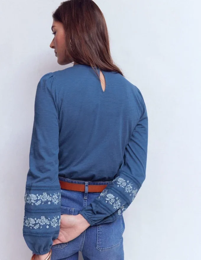 Rosie Embroidered Jersey Top Denim Blue Rosie Embroidered Jersey Top Denim Blue