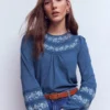 Rosie Embroidered Jersey Top Denim Blue Rosie Embroidered Jersey Top Denim Blue