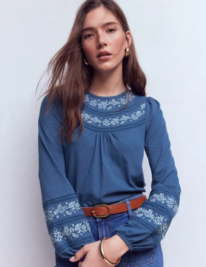 Rosie Embroidered Jersey Top Denim Blue Rosie Embroidered Jersey Top Denim Blue