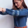 Rosie Embroidered Jersey Top Denim Blue Rosie Embroidered Jersey Top Denim Blue