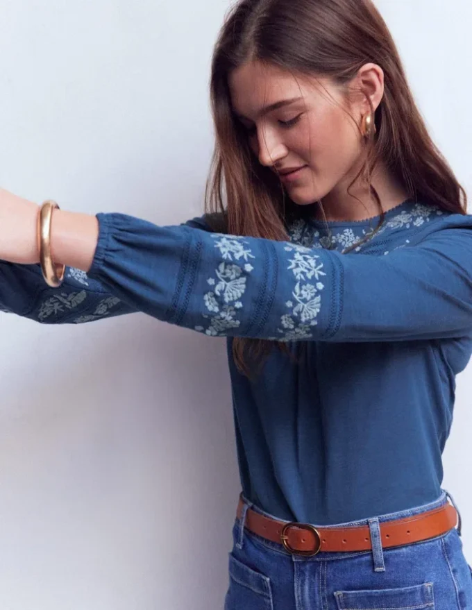 Rosie Embroidered Jersey Top Denim Blue Rosie Embroidered Jersey Top Denim Blue