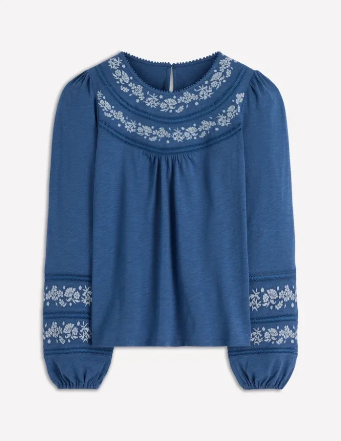 Rosie Embroidered Jersey Top Denim Blue Rosie Embroidered Jersey Top Denim Blue