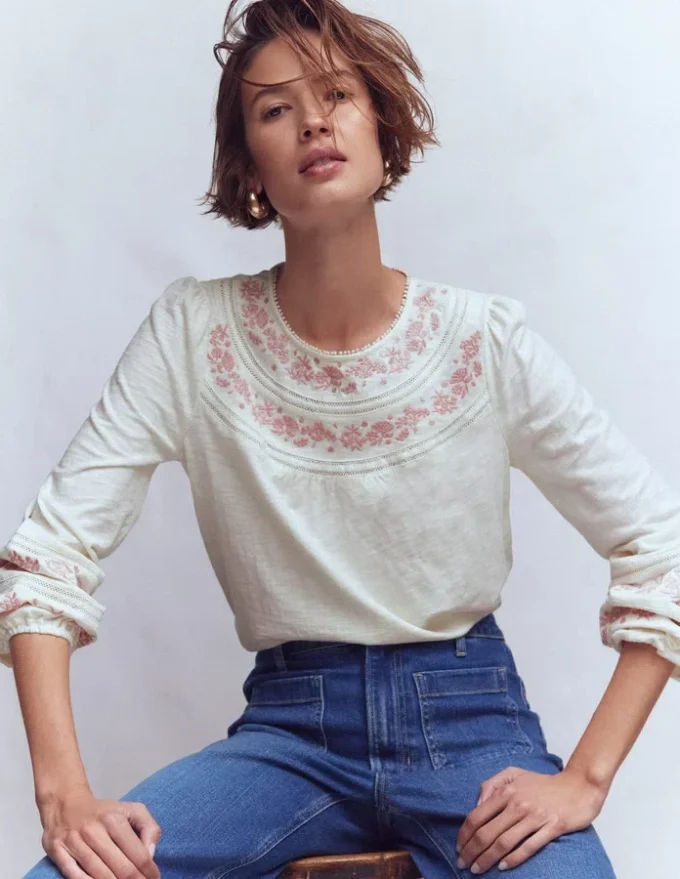 Rosie Embroidered Jersey Top Ivory Rosie Embroidered Jersey Top Ivory