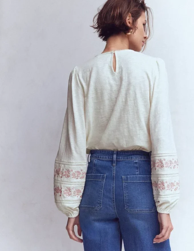 Rosie Embroidered Jersey Top Ivory Rosie Embroidered Jersey Top Ivory