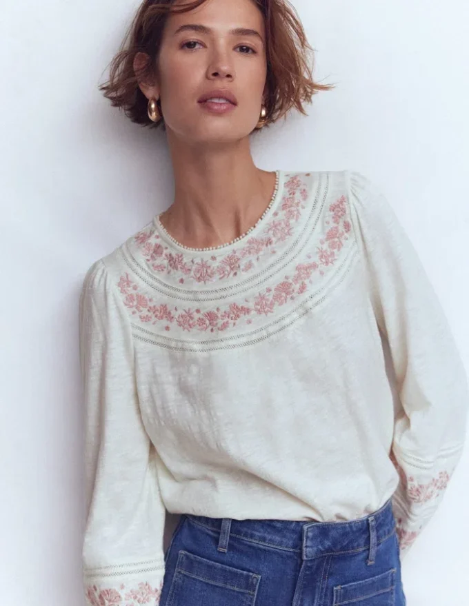 Rosie Embroidered Jersey Top Ivory Rosie Embroidered Jersey Top Ivory