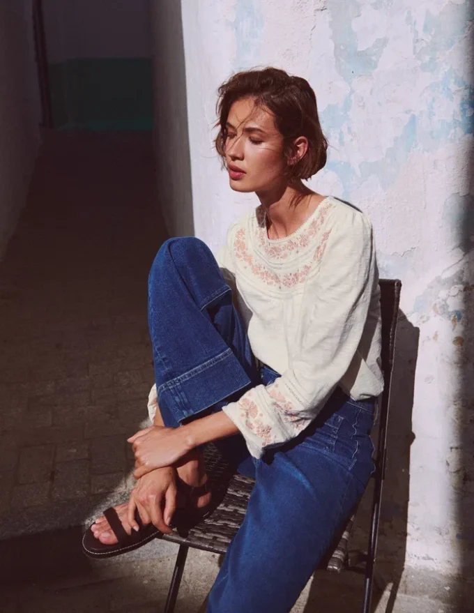 Rosie Embroidered Jersey Top Ivory Rosie Embroidered Jersey Top Ivory