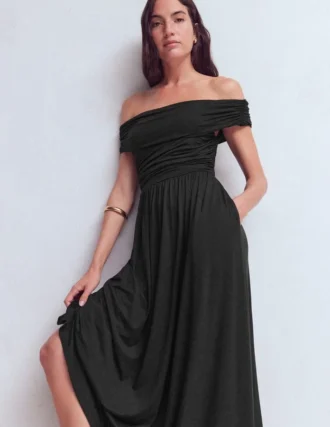 Ruched Bardot Jersey Dress Black