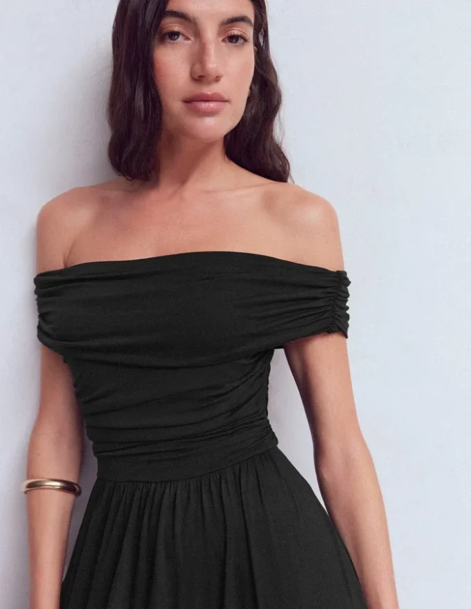 Ruched Bardot Jersey Dress Black Ruched Bardot Jersey Dress Black