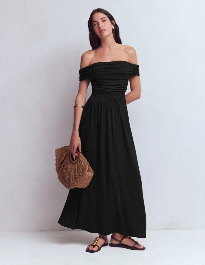 Ruched Bardot Jersey Dress Black Ruched Bardot Jersey Dress Black