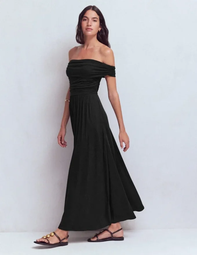 Ruched Bardot Jersey Dress Black Ruched Bardot Jersey Dress Black