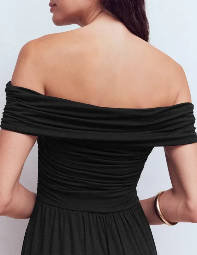 Ruched Bardot Jersey Dress Black Ruched Bardot Jersey Dress Black