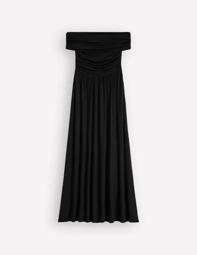 Ruched Bardot Jersey Dress Black Ruched Bardot Jersey Dress Black