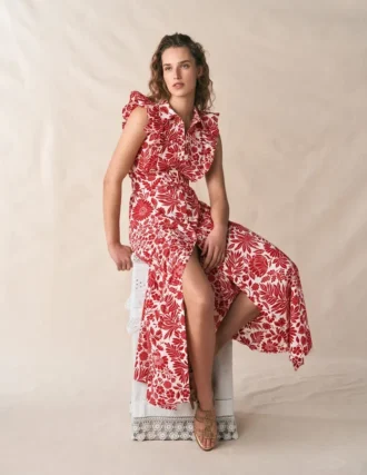 Ruffle Bodice Shirt Dress Merida Red, Flowerbed Bloom Ruffle Bodice Shirt Dress Merida Red, Flowerbed Bloom
