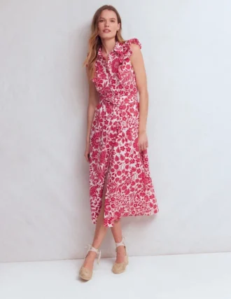 Ruffle Bodice Shirt Dress Merida Red, Flowerbed Bloom Ruffle Bodice Shirt Dress Merida Red, Flowerbed Bloom