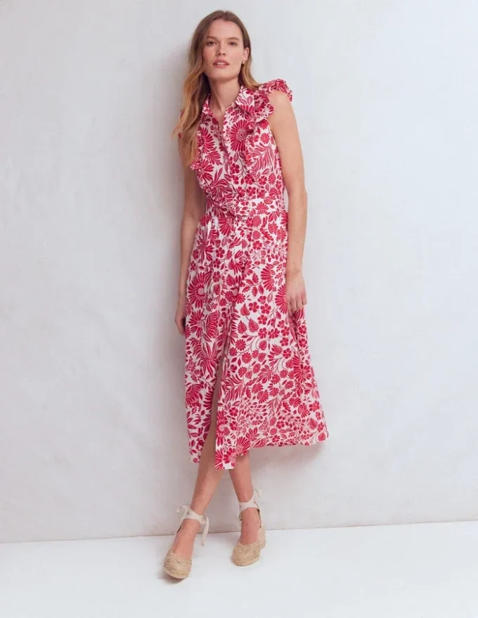 Ruffle Bodice Shirt Dress Merida Red, Flowerbed Bloom