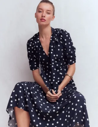 Ruffle Collar Midi Dress French Navy Painted Spaced Dot