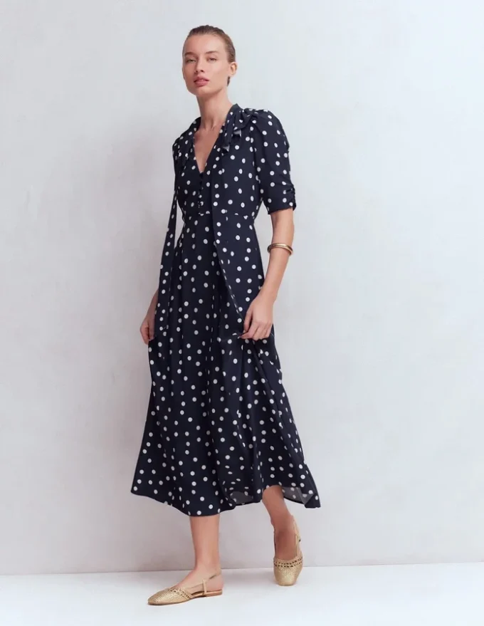 Ruffle Collar Midi Dress French Navy Painted Spaced Dot Ruffle Collar Midi Dress French Navy Painted Spaced Dot