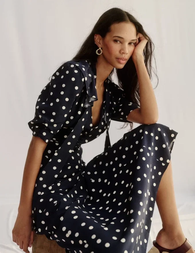 Ruffle Collar Midi Dress French Navy Painted Spaced Dot Ruffle Collar Midi Dress French Navy Painted Spaced Dot