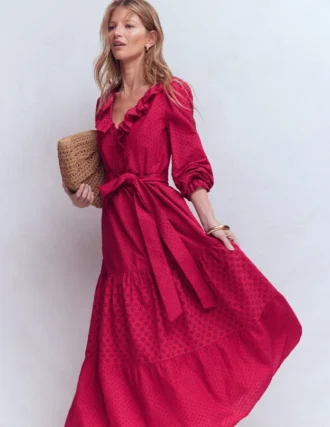 Ruffle Front Cotton Dress Persian Red