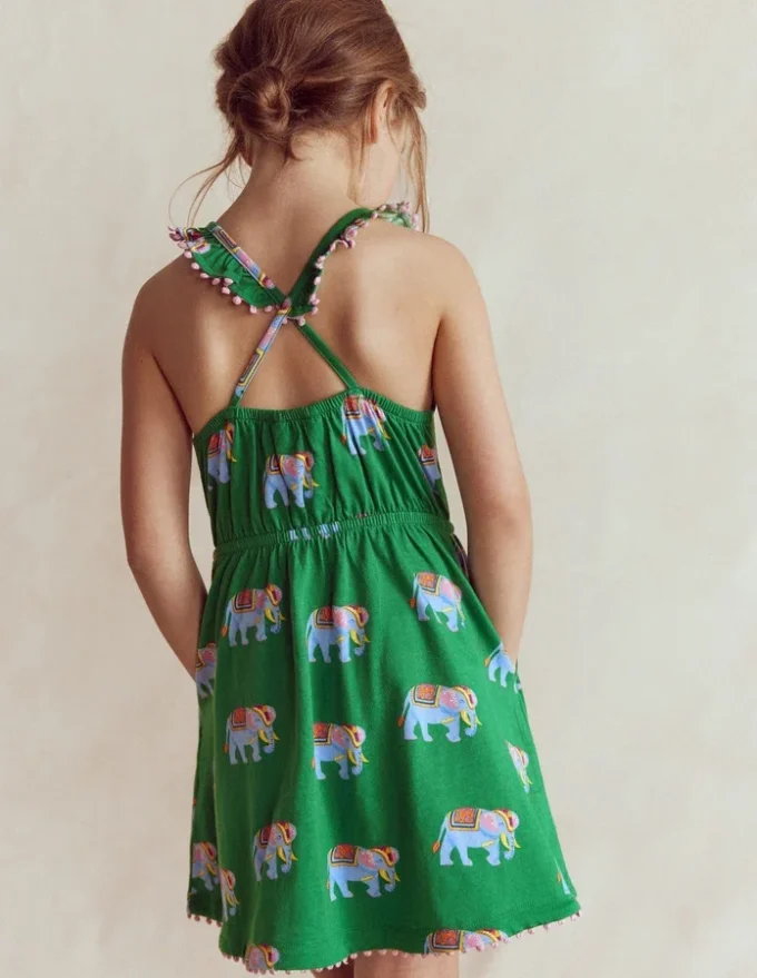 Ruffle Neck Trim Dress Highland Green Elephants Ruffle Neck Trim Dress Highland Green Elephants