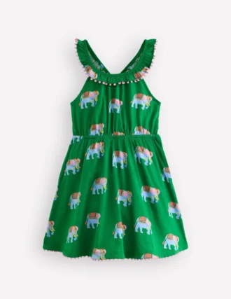 Ruffle Neck Trim Dress Highland Green Elephants Ruffle Neck Trim Dress Highland Green Elephants