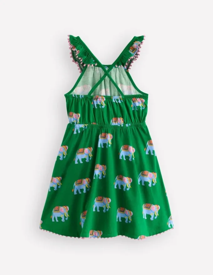 Ruffle Neck Trim Dress Highland Green Elephants Ruffle Neck Trim Dress Highland Green Elephants