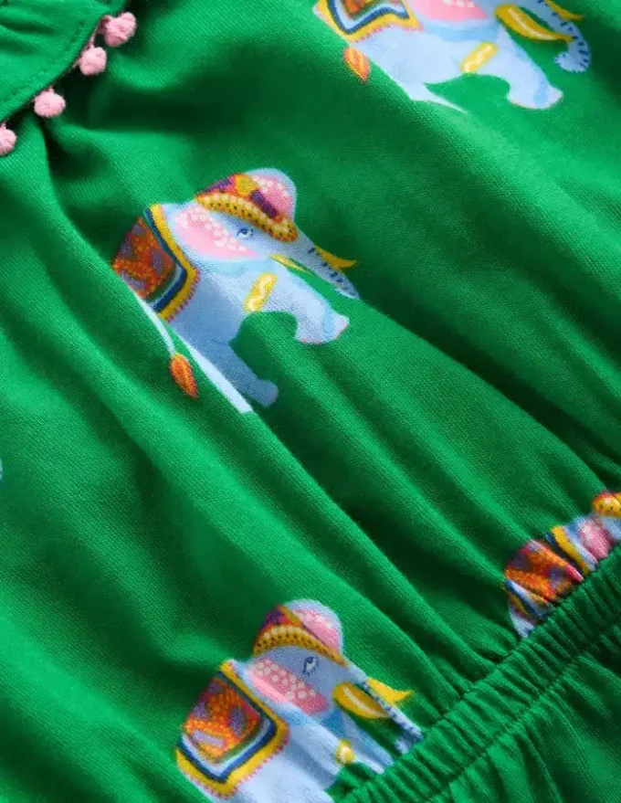 Ruffle Neck Trim Dress Highland Green Elephants Ruffle Neck Trim Dress Highland Green Elephants