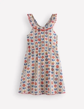 ruffle neck trim dress soft ivory woodblock floral 1 330x427 - Ruffle Neck Trim Dress Soft Ivory Woodblock Floral