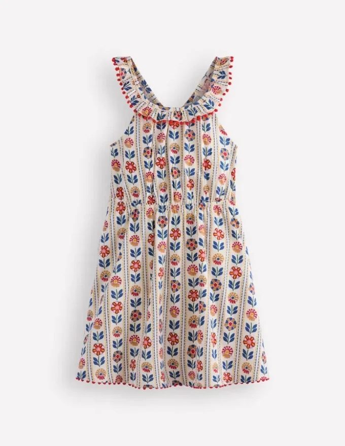 Ruffle Neck Trim Dress Soft Ivory Woodblock Floral
