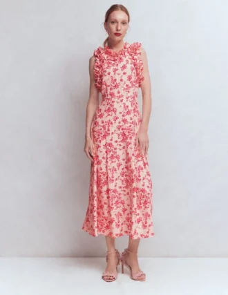 Ruffle Silk Midi Dress Pink Bloom Scatter Mono