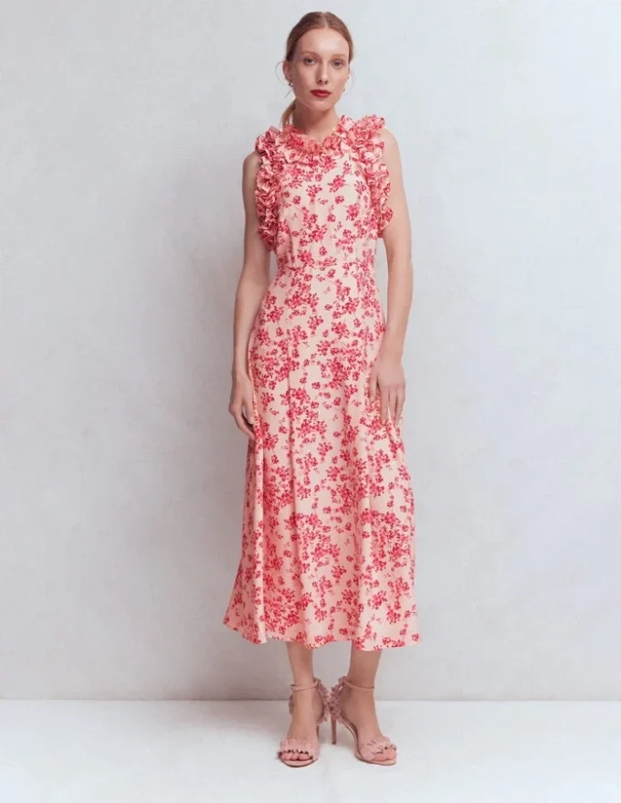 Ruffle Silk Midi Dress Pink Bloom Scatter Mono Ruffle Silk Midi Dress Pink Bloom Scatter Mono