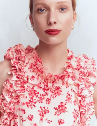 Ruffle Silk Midi Dress Pink Bloom Scatter Mono