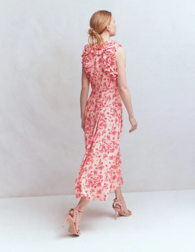 Ruffle Silk Midi Dress Pink Bloom Scatter Mono Ruffle Silk Midi Dress Pink Bloom Scatter Mono