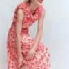 Ruffle Silk Midi Dress Pink Bloom Scatter Mono Ruffle Silk Midi Dress Pink Bloom Scatter Mono