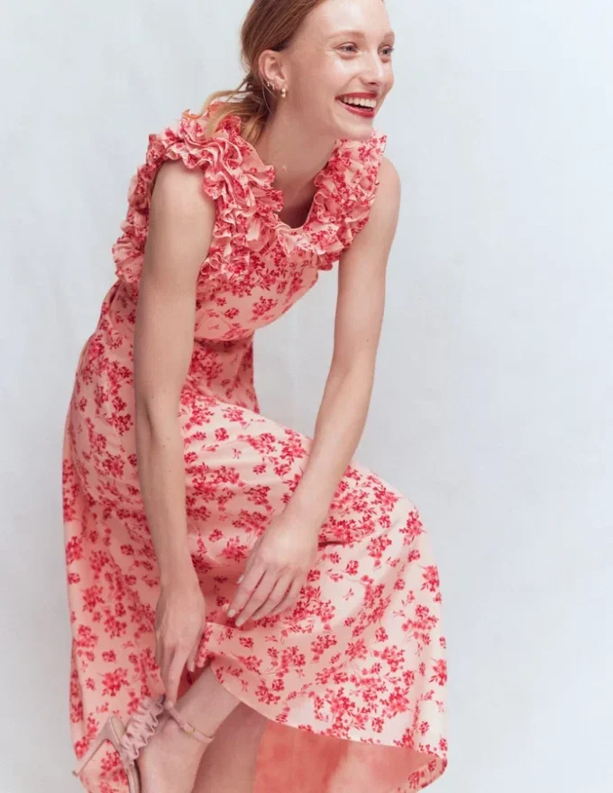 Ruffle Silk Midi Dress Pink Bloom Scatter Mono Ruffle Silk Midi Dress Pink Bloom Scatter Mono