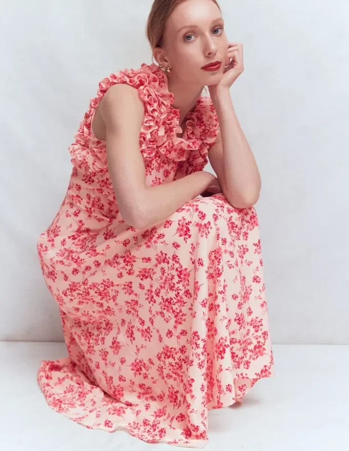 Ruffle Silk Midi Dress Pink Bloom Scatter Mono Ruffle Silk Midi Dress Pink Bloom Scatter Mono