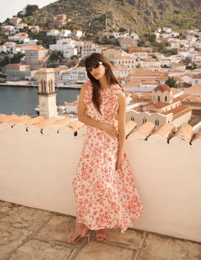 Ruffle Silk Midi Dress Pink Bloom Scatter Mono Ruffle Silk Midi Dress Pink Bloom Scatter Mono