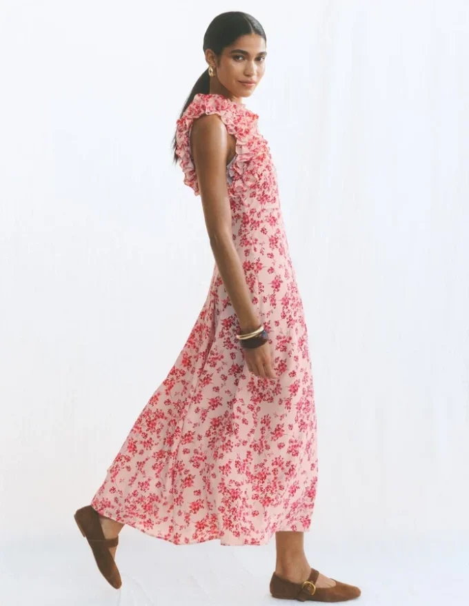 Ruffle Silk Midi Dress Pink Bloom Scatter Mono Ruffle Silk Midi Dress Pink Bloom Scatter Mono