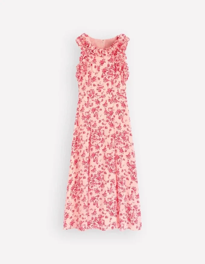 Ruffle Silk Midi Dress Pink Bloom Scatter Mono Ruffle Silk Midi Dress Pink Bloom Scatter Mono